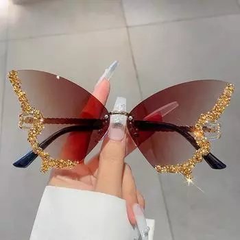 Необычные солнцезащитные очки без оправы большого размера для вечеринок, новые большие солнцезащитные очки-бабочки с бриллиантовыми заклепками, без оправы, оптические очки