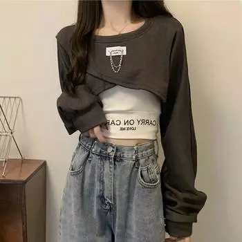 Необычные толстовки с круглым вырезом и цепочкой Y2k, корейские укороченные топы в стиле Харадзюку, уличная одежда в стиле панк, готики, женская одежда M серый