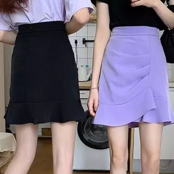 Необычные юбки с высокой талией для женщин, летняя новая корейская модная универсальная сумка на бедрах, однотонная мини-юбка трапециевидной формы с оборками S чёрный