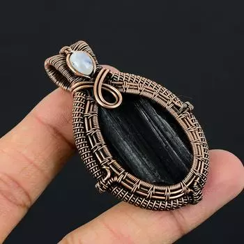 Необычный черный турмалин, драгоценный камень, чистая медная проволока, обернутая ювелирным кулоном ручной работы 2.44 Inches чёрный