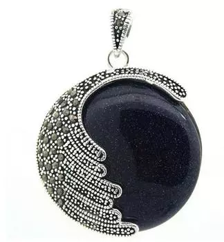 НЕОБЫЧНЫЙ КУЛОН СЕРЕБРЯНЫЙ 925 ИЗ НАТУРАЛЬНОГО СИНЕГО ПЕСКА, ЖАДЕТА МАРКАЗИТА 35X35мм