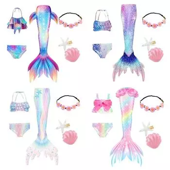 Необычный купальный костюм с хвостом русалки для девочек на Хэллоуин, карнавальный костюм русалки для детей, детский купальник, бикини, подарки на день рождения 110(3-4T) синий/фиолетовый