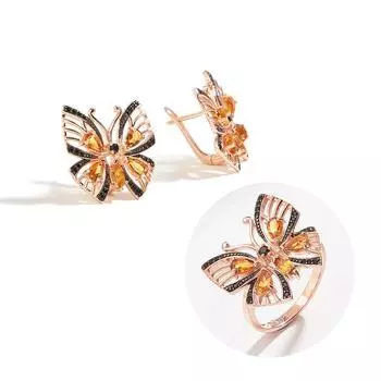 Необычный серебряный комплект ювелирных изделий в стиле бабочки, серьги, кольцо, натуральный цитрин, драгоценный камень, легкие роскошные украшения для девочек на день рождения us ring size 7# жёлтый