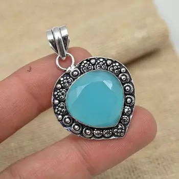 Необычный синий халцедон драгоценный камень стерлингового серебра 925 пробы ювелирный кулон ручной работы 1.77 Inches синий