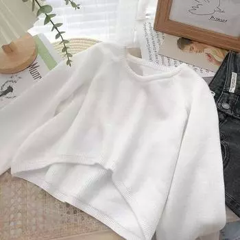 Необычный трикотажный свитер с круглым вырезом, однотонный, с длинными рукавами, женская осенняя одежда, ретро, универсальный и тонкий короткий пуловер, базовая рубашка one size fits all белый