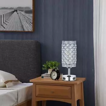Neoglint 2PCS Crystal Table Light Настольная лампа с 1 розеткой переменного тока и двумя USB-портами, чувствительными к прикосновению серебряный