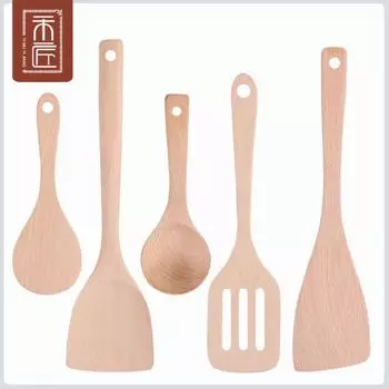 Неокрашенный деревянный кухонный набор из лопатки и ложки с длинной ручкой и антипригарным покрытием для сковороды