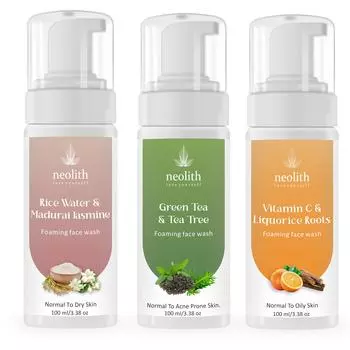 Neolith Rice Water & Madurai Jasmine Пенка для умывания, Пенка для умывания с витамином С и лакрицей, Пенка для умывания с зеленым чаем и чайным деревом по 100 мл каждая 300 ML белый