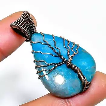 Неоново-голубой апатит драгоценный камень, ручная работа, медная проволочная обертка, кулон 1,58 дюйма 1.58 синий