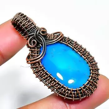 Неоново-голубой апатит драгоценный камень, ручная работа, медная проволочная обертка, кулон 1,97 дюйма 1.97 синий