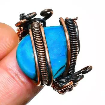 Неоново-синий апатит, драгоценный камень, ювелирное кольцо ручной работы из медной проволоки, размер 11