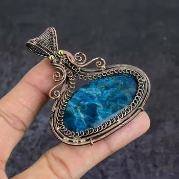 Neon Blue Apatite Gemstone Handmade Copper Wire Wrap Jewelry Pendant 2.76 s3T23
