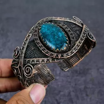 Neon Blue Apatite Gemstone Handmade Copper Wire Wrap Cuff Bangle Adjustable C2c91