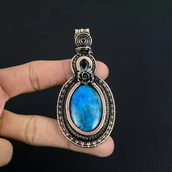 Неоново-голубой апатит драгоценный камень ручная работа чистая медная проволока обернутая ювелирное изделие кулон 2.43 Inches синий