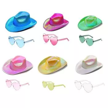 Неоновая шляпа-ковбойша, блестящая ковбойская шляпа, очки, шляпа-федора для музыкальных фестивалей, очки в форме сердца, ковбойская шляпа, универсальная GAR розовый