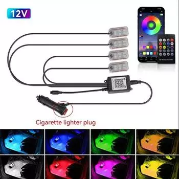 Неоновая светодиодная подсветка салона автомобиля, фоновая подсветка для ног, аксессуары, подсветка, дистанционное управление музыкой через приложение, автоматическая декоративная атмосферная лампа