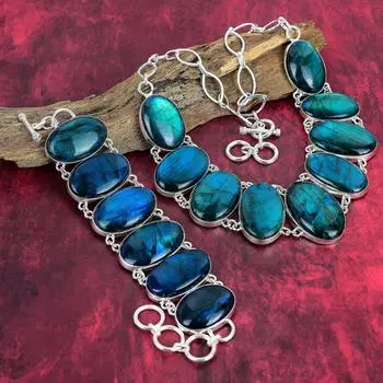 Неоновая вспышка, ожерелье и браслет из лабрадорита, ювелирные изделия ручной работы, ювелирные изделия из стерлингового серебра 925 пробы, регулируемый комплект ювелирных изделий, античный драгоценный камень для подарка Adjustable With 8 -18 синий