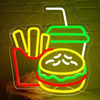 Неоновая вывеска для бургера Декор для магазина бургеров Светодиодная неоновая подсветка для картофеля фри Вывески для ресторанов и магазинов быстрого питания с питанием от USB разноцветный