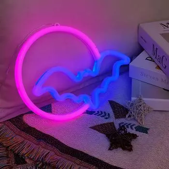 Неоновая вывеска «Летучая мышь» на Хэллоуин, неоновые огни «Луна» на USB или 3 батарейках типа АА, светодиодное украшение стола, стены спальни, подарок на день рождения, фестиваль White