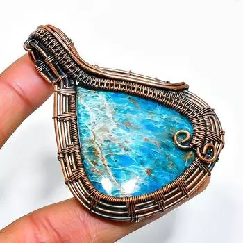 Неоново-голубой апатит драгоценный камень, ручная работа, медная проволочная обертка, кулон 2,56 дюйма 2.56 синий