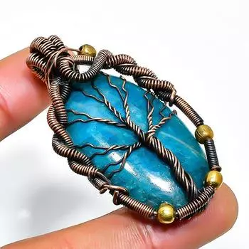 Неоново-голубой апатит драгоценный камень, ручная работа, медная проволочная обертка, кулон 2,09 дюйма 2.09 синий