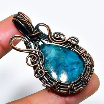 Неоново-голубой апатит драгоценный камень, ручная работа, медная проволочная обертка, кулон 1,97 дюйма 1.97 синий