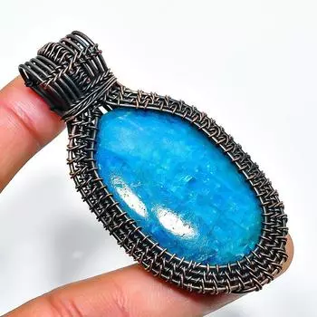 Неоново-голубой апатит драгоценный камень, ручная работа, медная проволочная обертка, кулон 2,56 дюйма 2.56 синий