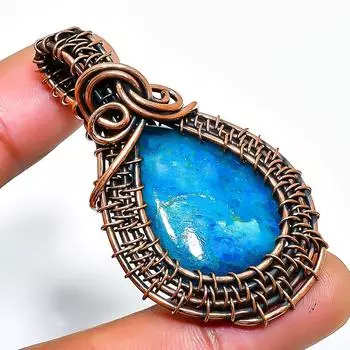 Неоново-голубой апатит драгоценный камень, ручная работа, медная проволочная обертка, кулон 1,97 дюйма 1.97 синий