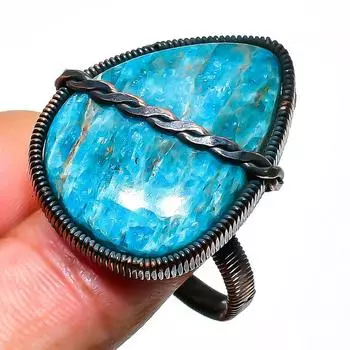 Неоново-голубой апатит драгоценный камень ручная работа медная проволока обертка ювелирное кольцо размер 9.5