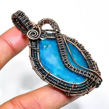 Неоново-голубой апатит драгоценный камень, ручная работа, медная проволочная обертка, кулон 2,56 дюйма 2.56 синий
