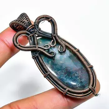 Неоново-голубой апатит драгоценный камень, ручная работа, медная проволочная обертка, кулон 2,76 дюйма 2.76 синий