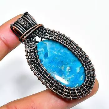 Неоново-голубой апатит драгоценный камень ручная работа медная проволочная подвеска 2.36 2.36 синий