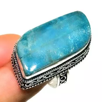 Неоново-синий апатит, драгоценный камень 925, посеребренное ювелирное кольцо ручной работы, размер 7,5
