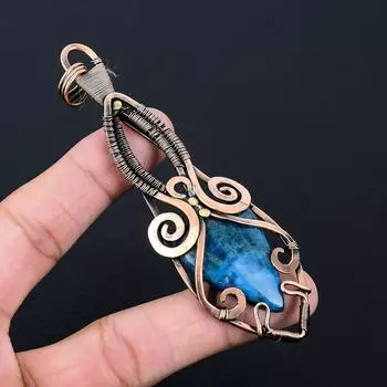 Неоново-синий апатит, драгоценный камень, чистая медная проволока, обернутая подвеской ручной работы, ювелирное изделие для подарка 3.46 Inches синий