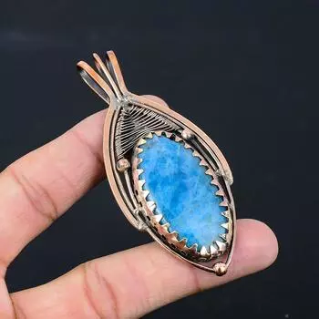 Неоново-синий апатит, драгоценный камень, чистая медная проволока, обернутая подвеской ручной работы, ювелирное изделие для подарка 3.35 Inches синий