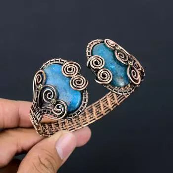 Неоново-синий апатит, драгоценный камень, чистая медная проволока, манжеты ручной работы/браслет, регулируемые украшения для подарка Adjustable синий