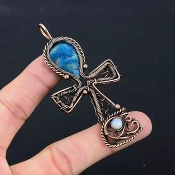 Неоново-синий апатит, драгоценный камень, чистая медная проволока, обернутая подвеской ручной работы Анк, ювелирные изделия