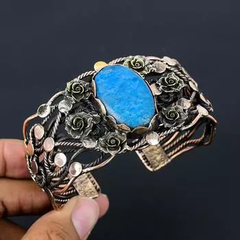 Неоново-синий апатит, драгоценный камень, чистая медная проволока, завернутая в манжеты/браслет ручной работы, ювелирные изделия для нее Adjustable синий