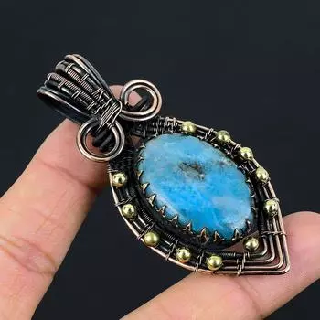 Неоново-синий апатит, драгоценный камень, чистая медная проволока, обернутая подвеской ручной работы, ювелирное изделие для подарка 2.95 Inches синий