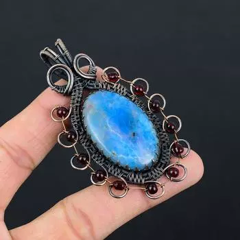 Неоново-синий апатит, драгоценный камень, чистая медная проволока, обернутая подвеской ручной работы, ювелирные изделия 2.95 Inches синий