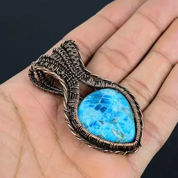 Неоново-синий апатит, драгоценный камень, медная проволока ручной работы, ювелирные изделия, прекрасный кулон для нее 2.64 Inches синий