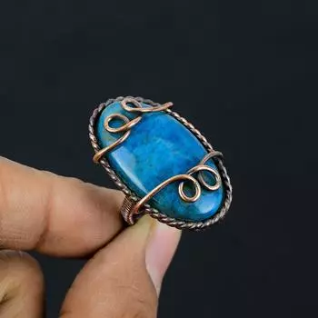 Неоново-синий апатит, драгоценный камень, медная проволока, обернутое ювелирное кольцо ручной работы для подарка, все размеры 4 синий