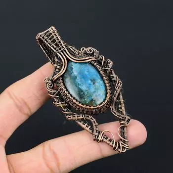 Неоново-синий апатит, драгоценный камень, медная проволока ручной работы, ювелирные изделия, красивый кулон 3.54 Inches синий