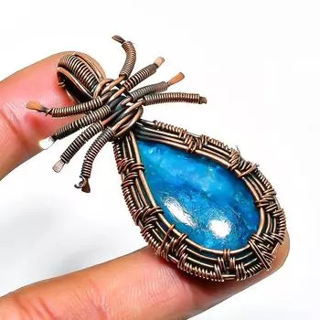 Неоново-синий апатит, драгоценный камень, подвеска ручной работы из медной проволоки, длина 2,17 дюйма 2.17 синий