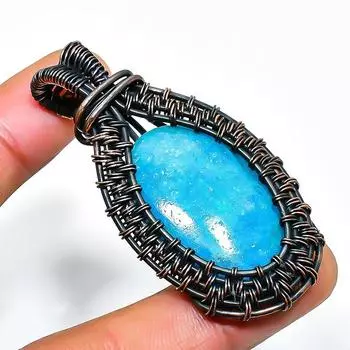 Неоново-синий апатит, драгоценный камень, подвеска ручной работы из медной проволоки, длина 2,17 дюйма 2.17 синий