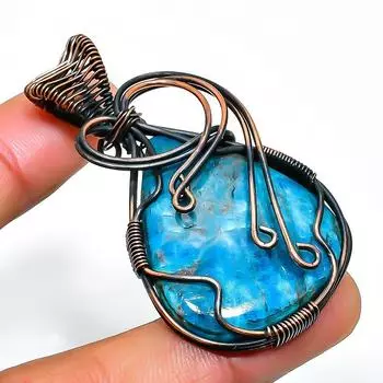 Неоново-синий апатит, драгоценный камень, подвеска ручной работы из медной проволоки, длина 2,17 дюйма 2.17 синий