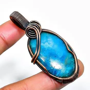 Неоново-синий апатит, драгоценный камень, подвеска ручной работы из медной проволоки, длина 2,17 дюйма 2.17 синий