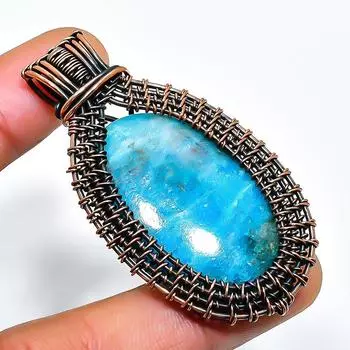 Неоново-синий апатит, драгоценный камень, подвеска ручной работы из медной проволоки, длина 2,17 дюйма 2.17 синий