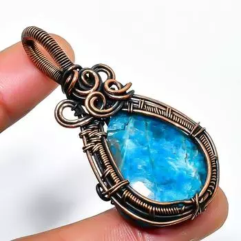 Неоново-синий апатит, драгоценный камень, подвеска ручной работы из медной проволоки, длина 2,17 дюйма 2.17 синий