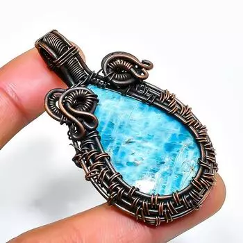 Неоново-синий апатит, драгоценный камень, подвеска ручной работы из медной проволоки, длина 2,17 дюйма 2.17 синий